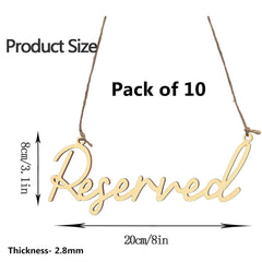 Gold 'Reserved' sign with measurement details on a white background