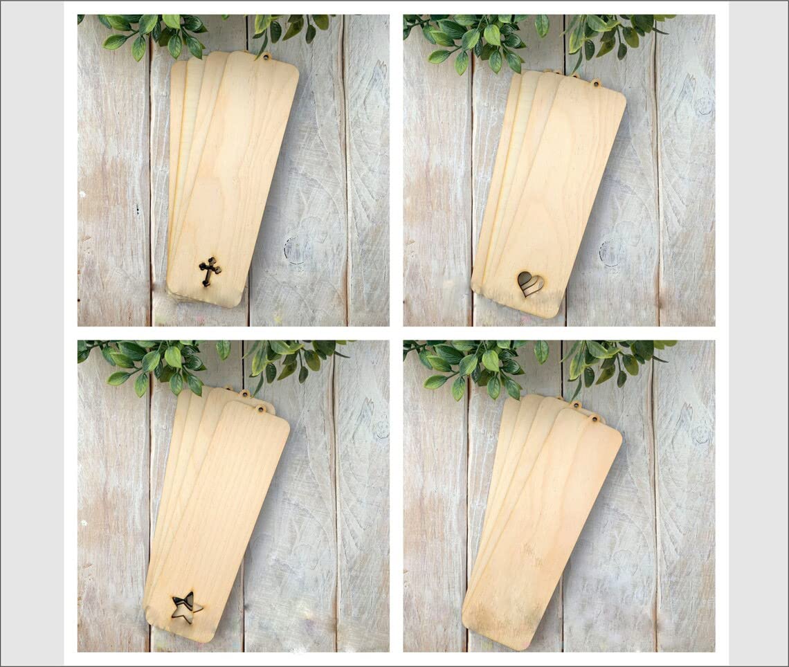 Four wooden signs with metal embellishments on a rustic wooden background