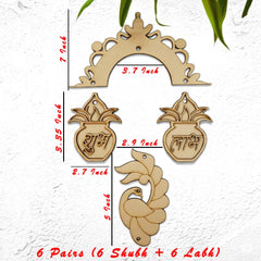 Set of wooden ornaments with measurements on a white background