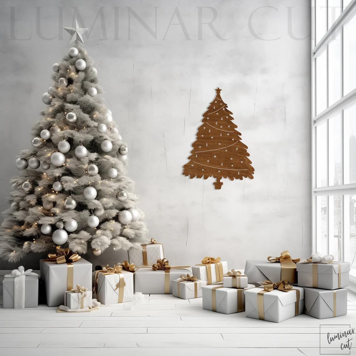 Decorative Christmas tree with ornaments and presents in a room with a wall art of a Christmas tree.