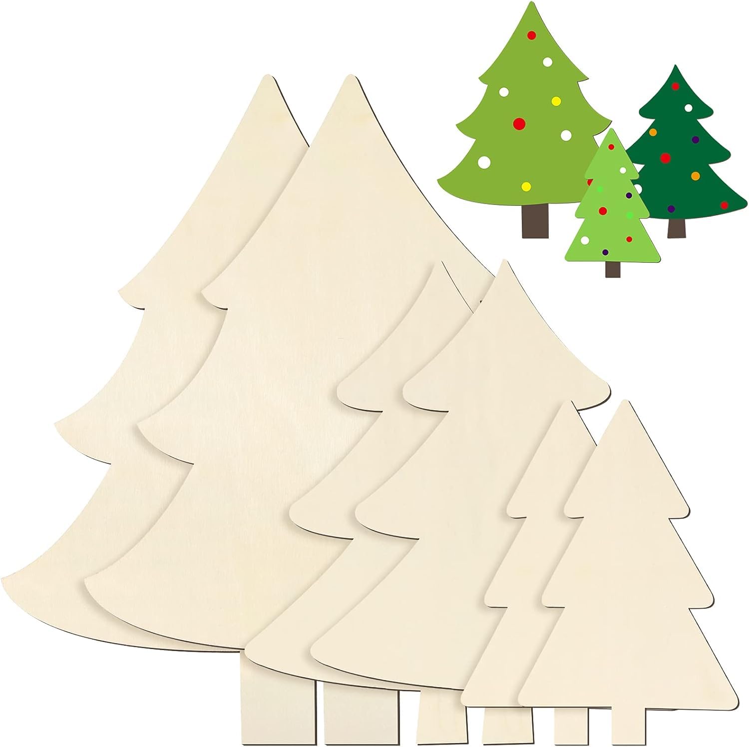 Unfinished wooden Christmas tree shapes with small decorated trees in the corner.