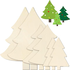 Unfinished wooden Christmas tree shapes with small decorated trees in the corner.