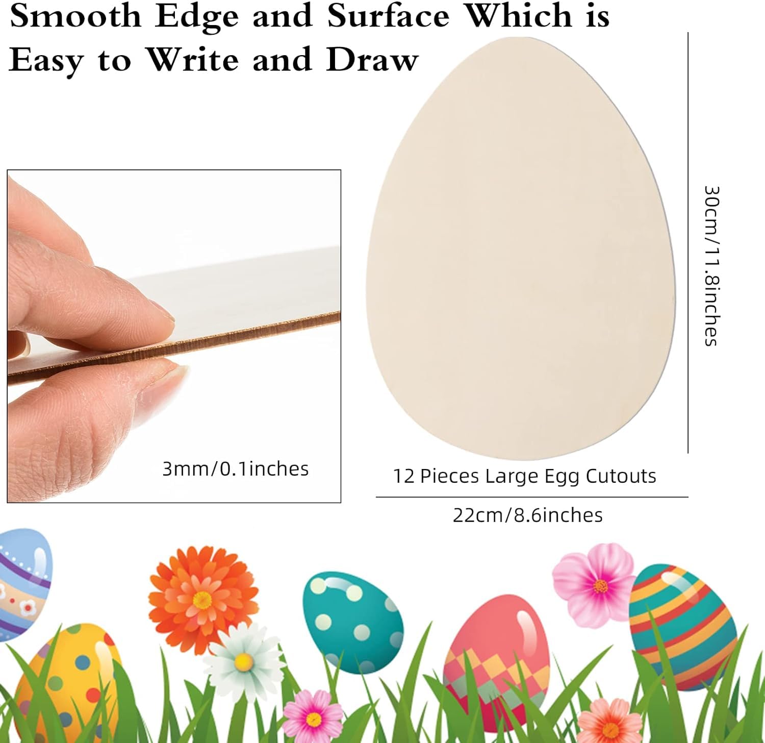 Large egg cutouts with a hand holding a pen, labeled dimensions, and Easter-themed background.
