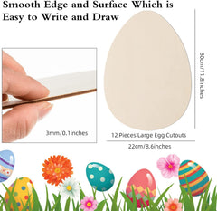 Large egg cutouts with a hand holding a pen, labeled dimensions, and Easter-themed background.