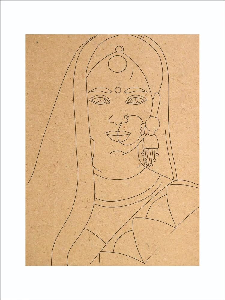 American Elm Wooden Pre Marked Rajasthani Woman Face Painting Home Wall Art Decoration