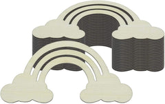 Stack of rainbow and cloud-shaped coasters on a white background