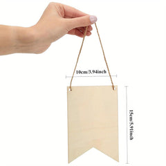 Hand holding a small beige banner with dimensions indicated on a white background