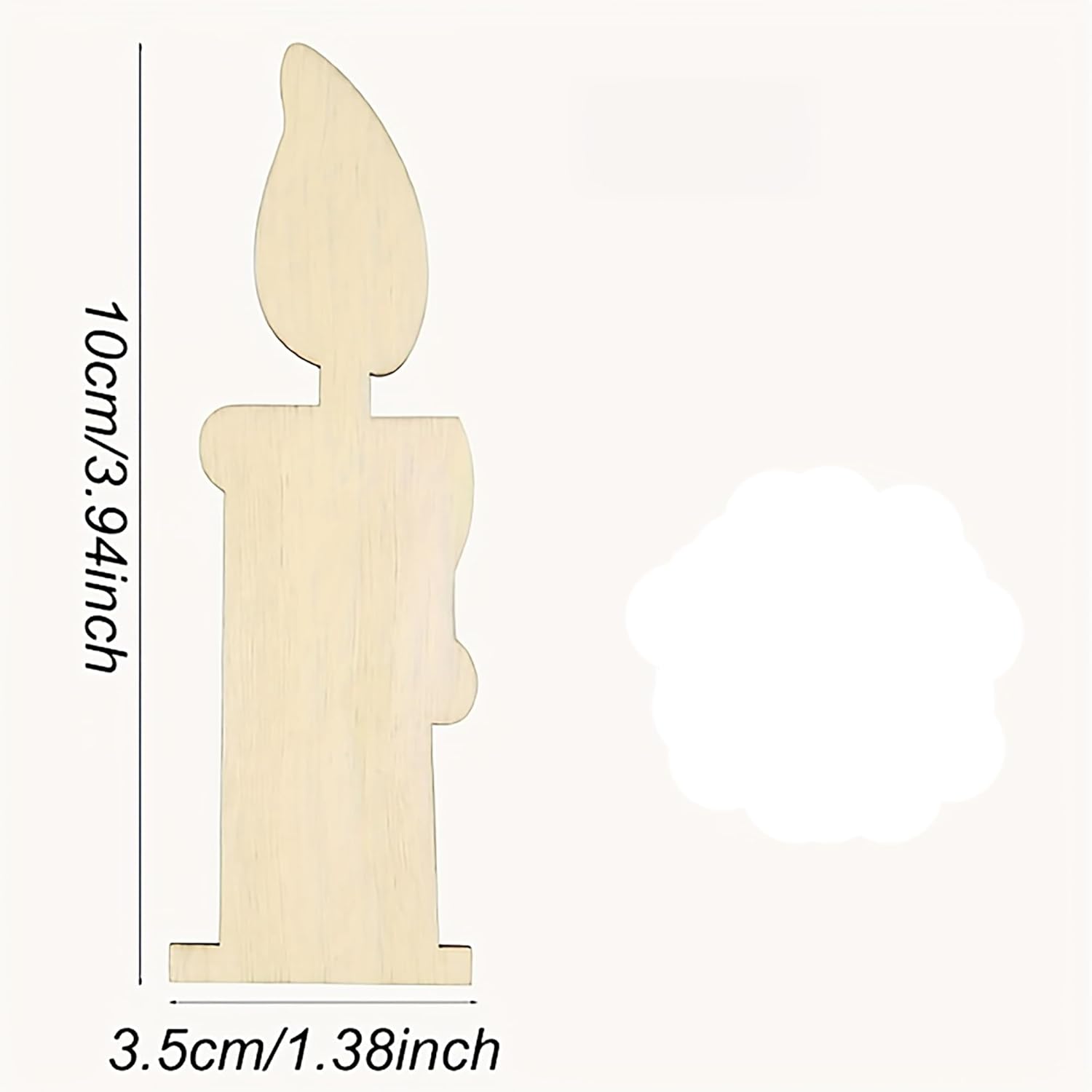 Wooden candle-shaped cutout with dimensions on a white background