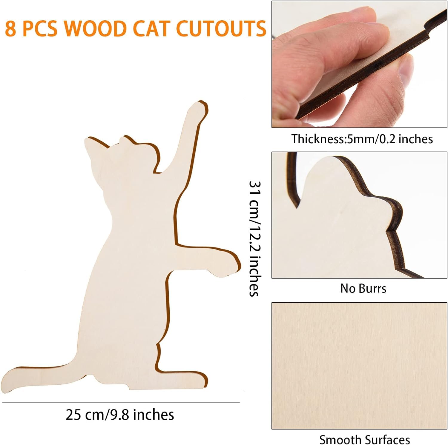 Wooden cat cutouts with specifications and a hand holding a pen.