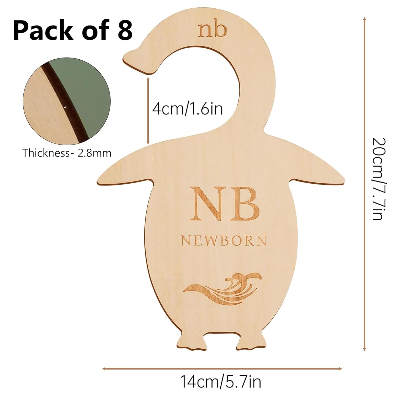 Wooden penguin-shaped baby announcement card with measurements and thickness details on a white background