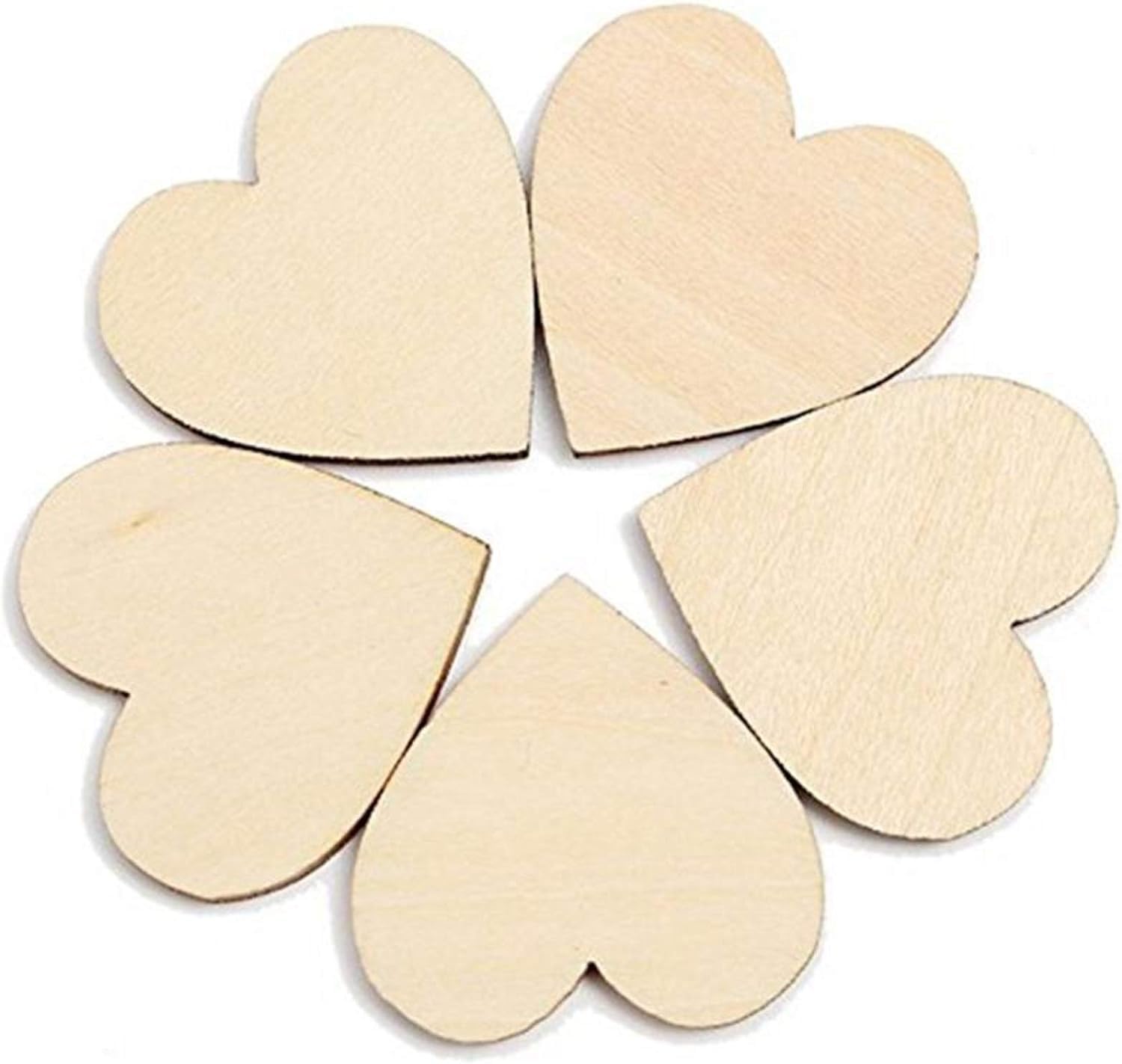 Five wooden heart shapes on a white background