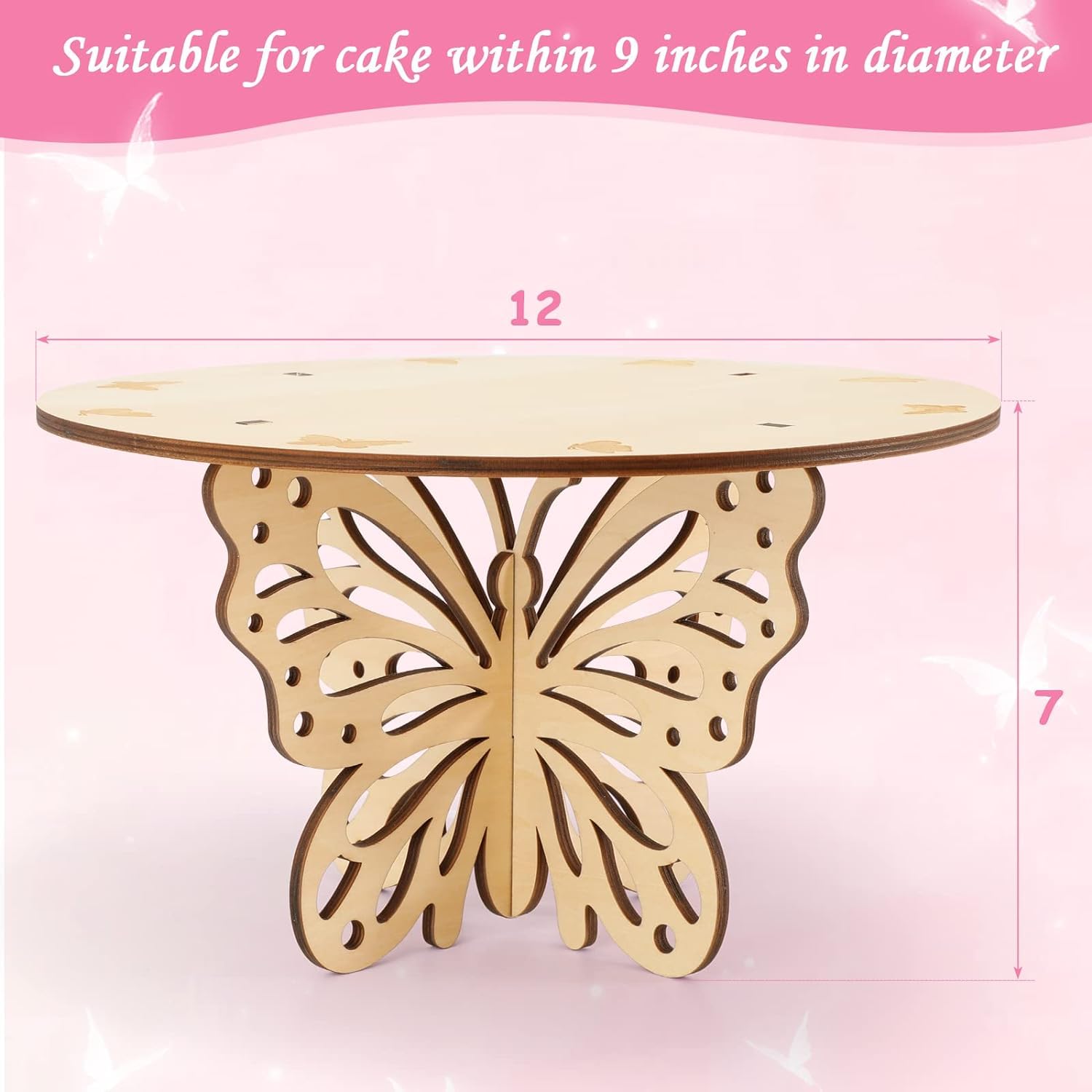Wooden butterfly-shaped cake stand with measurements on a pink background