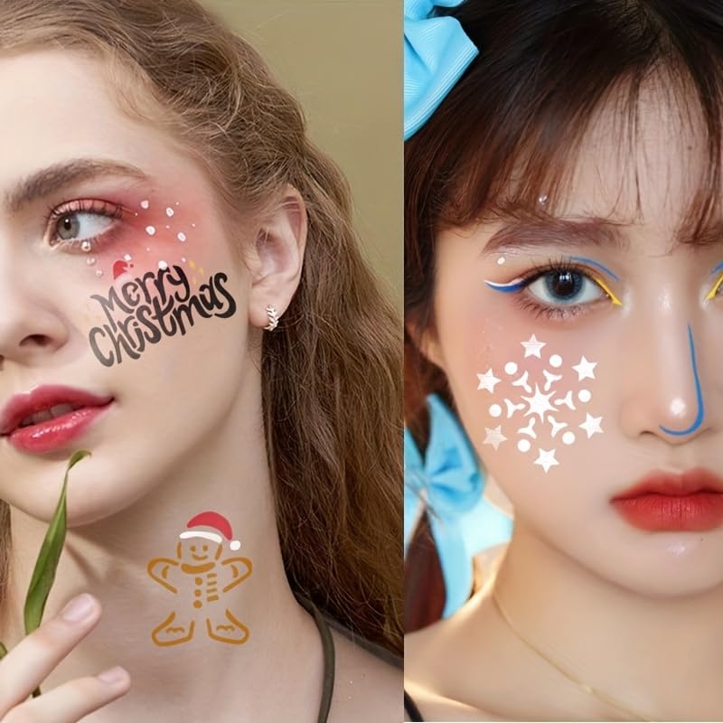 Two women with temporary tattoos on their faces, one with 'Merry Christmas' and gingerbread man design, the other with snowflake design.