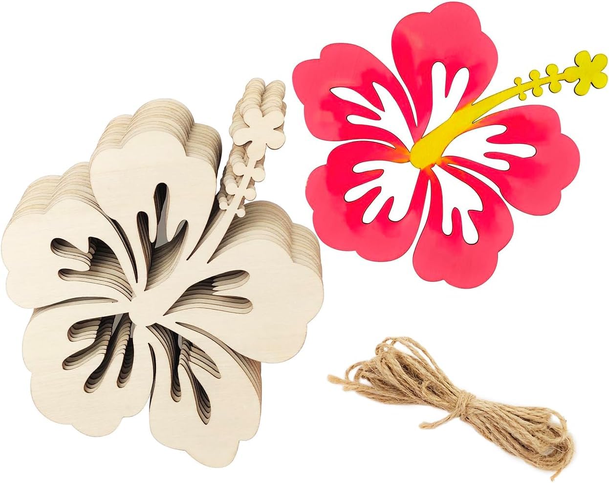 Wooden flower-shaped ornament with pink floral decoration and jute string on a white background