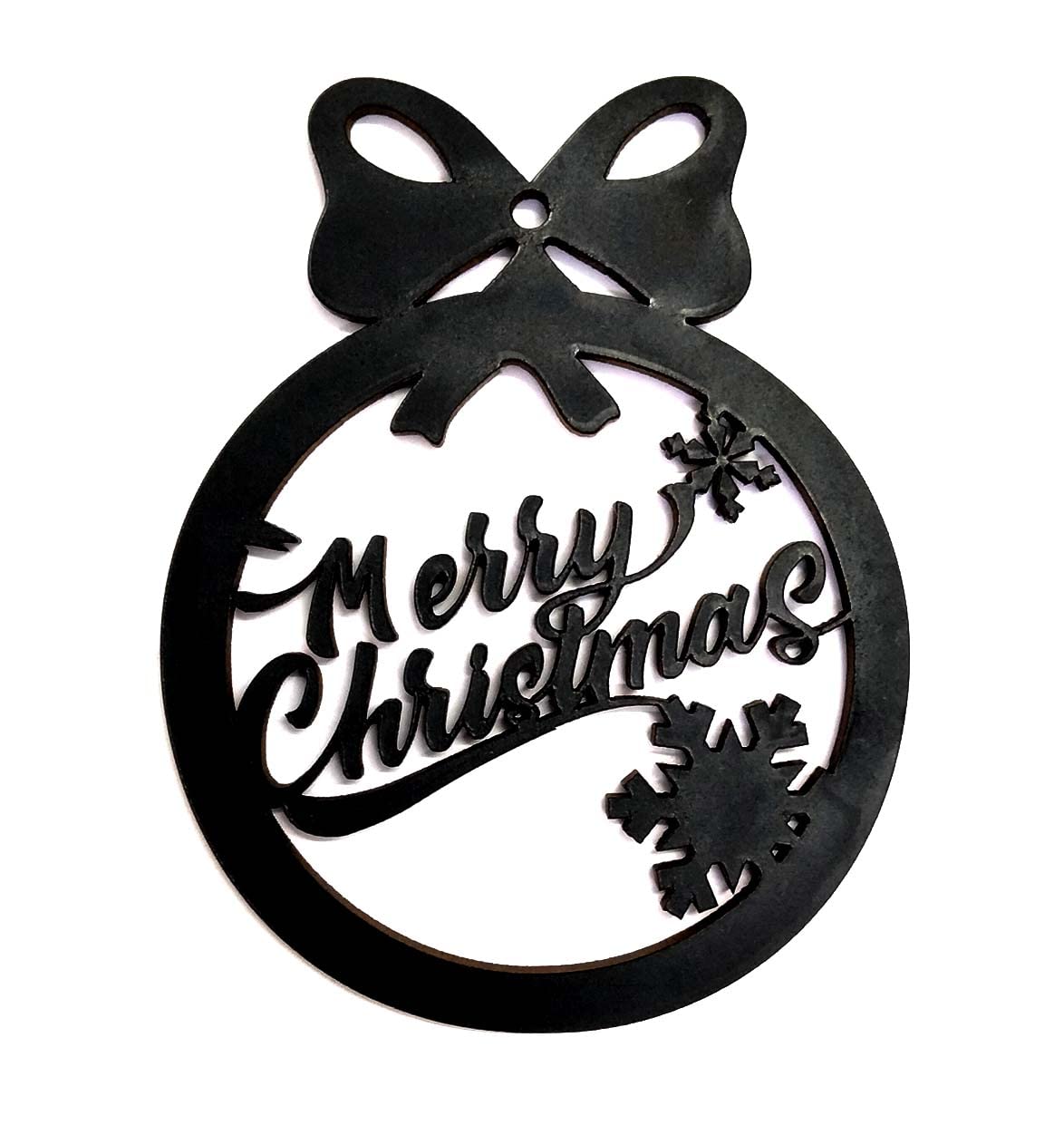 Black metal Christmas ornament with 'Merry Christmas' text and snowflake design on a white background
