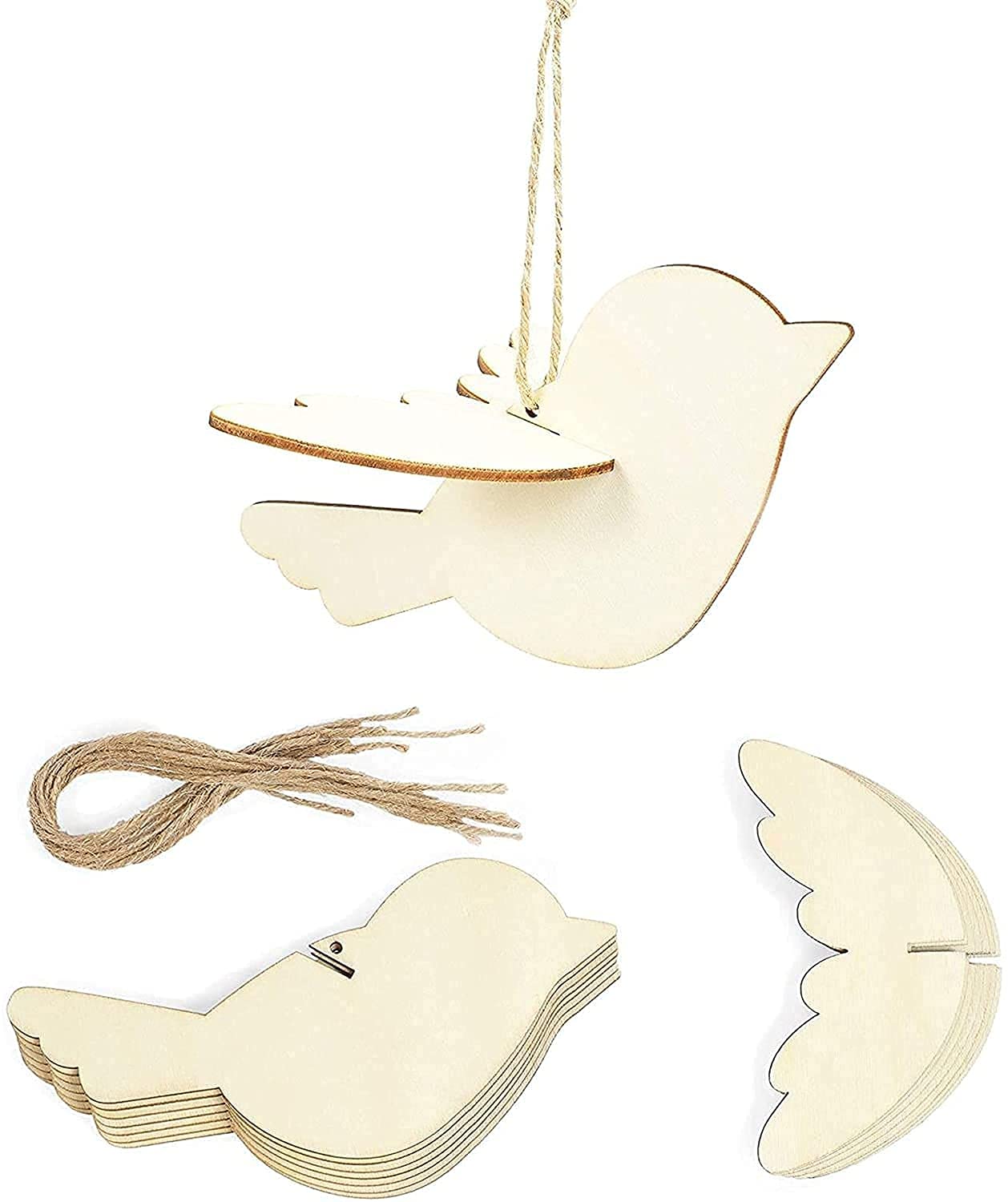 Wooden bird-shaped ornaments with string on a white background
