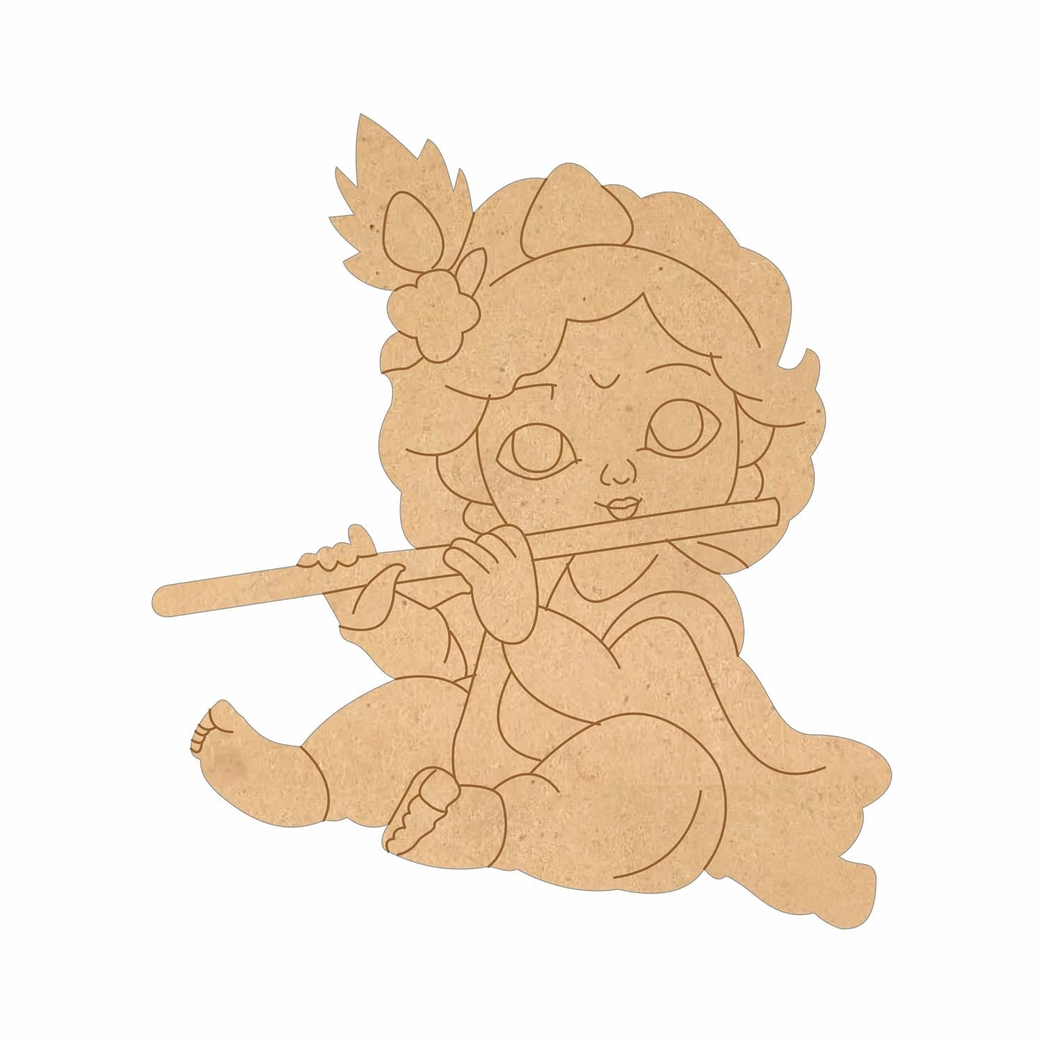 Wooden cutout of a child playing a flute on a white background