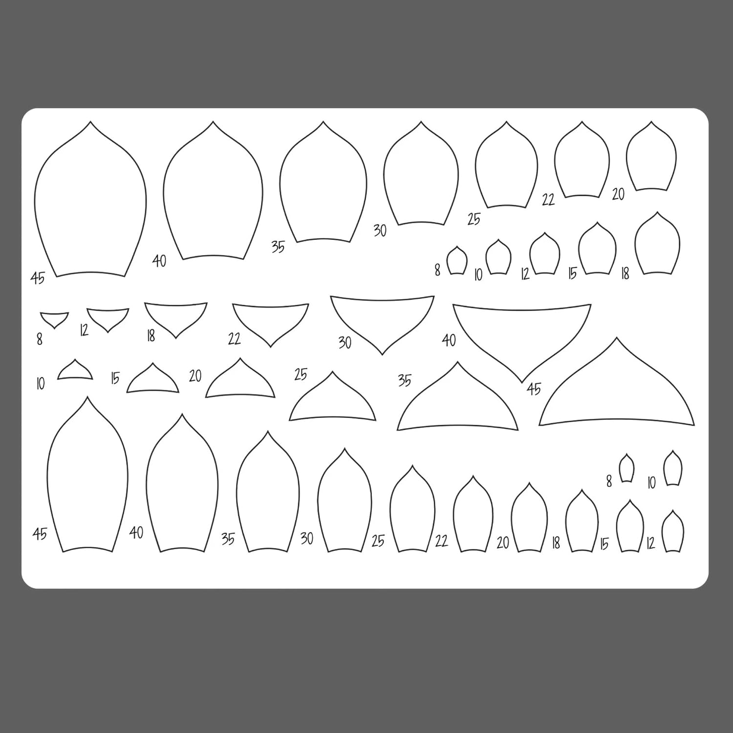 Set of geometric shapes with measurements on a gray background