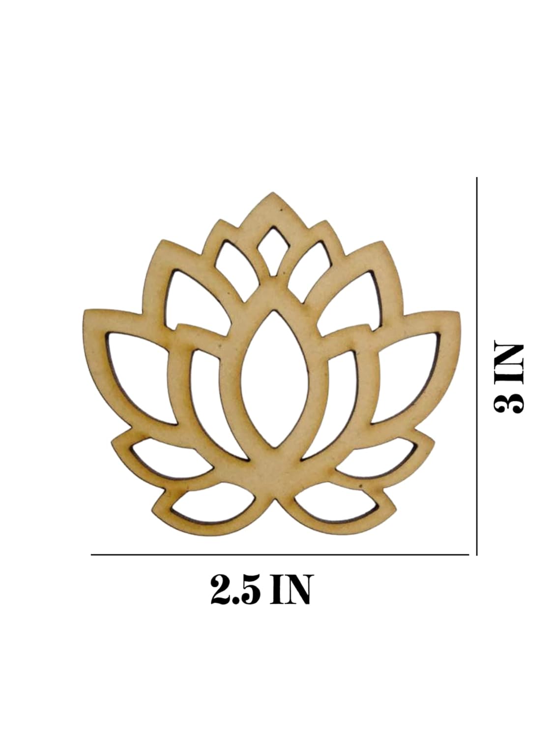 Wooden lotus flower cutout with dimensions on a white background