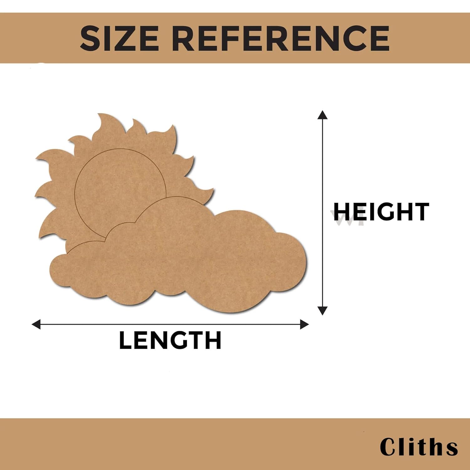Cardboard sun and cloud cutout with size reference labels on a beige background