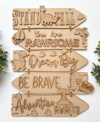 Set of wooden signs with motivational phrases and dinosaur illustrations on a white background.