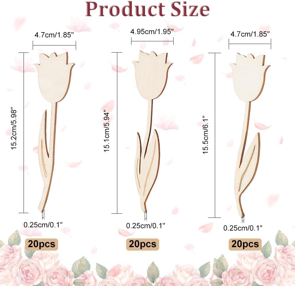 Dimensions of tulip-shaped wooden decorations with floral background