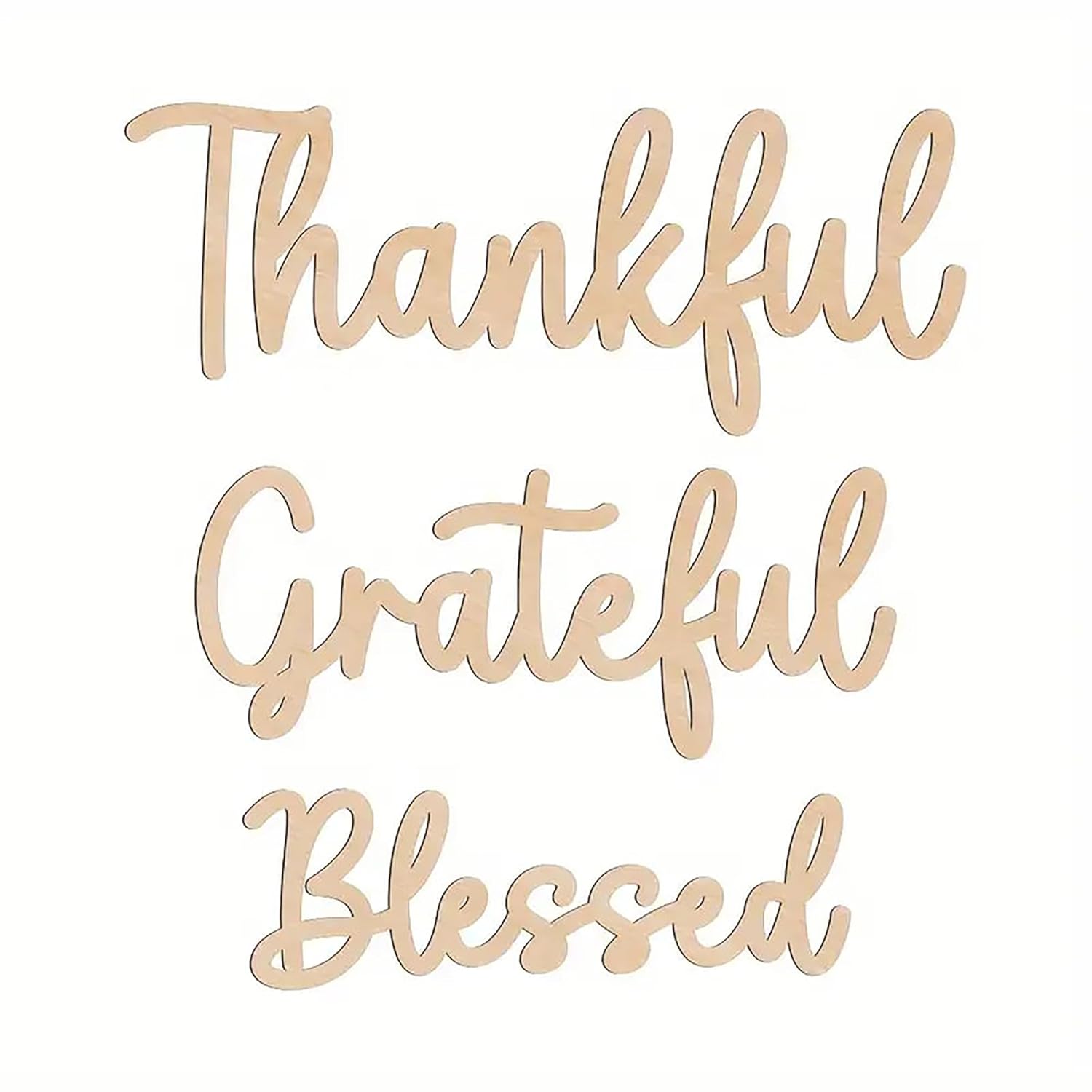 Wooden cutout letters spelling 'Thankful', 'Grateful', and 'Blessed' on a white background