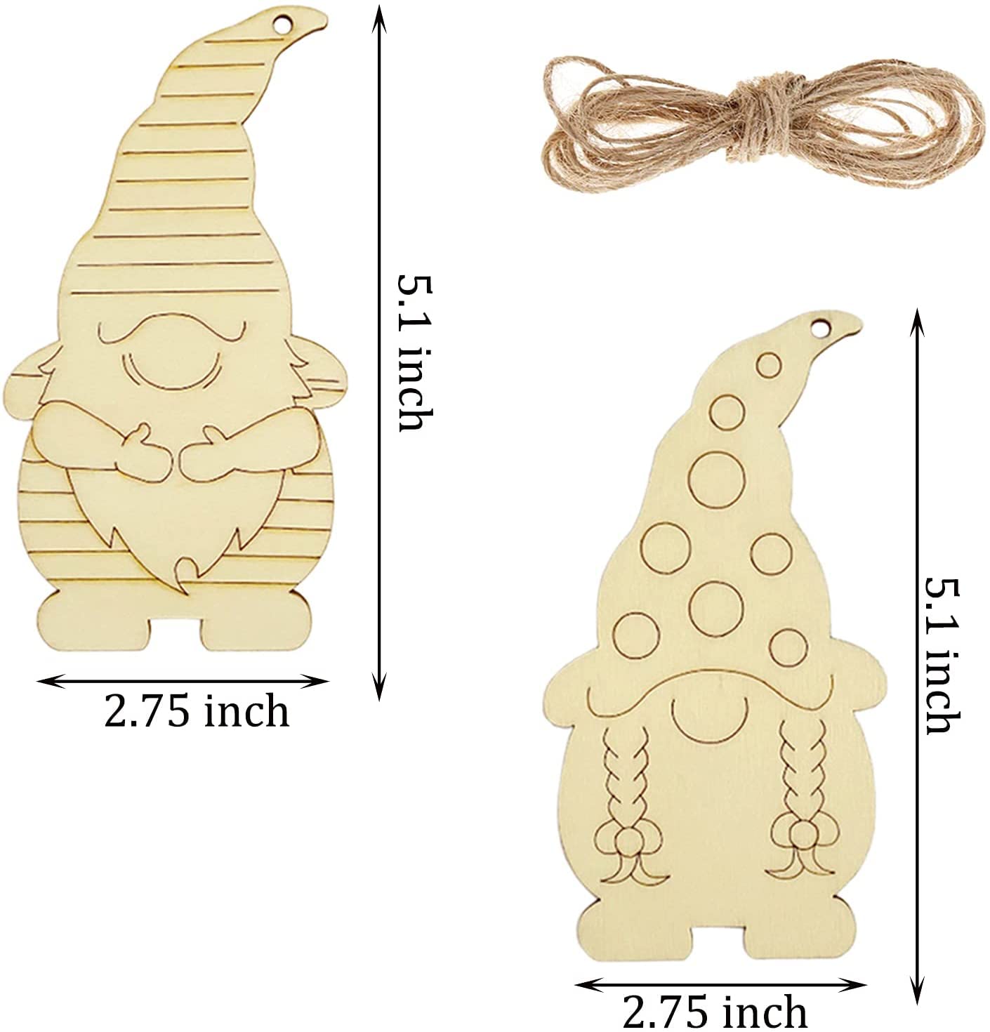 Wooden gnome ornaments with dimensions and a string for hanging on a white background