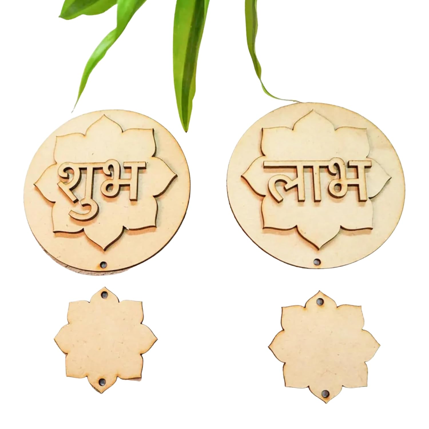 Set of wooden ornaments with floral designs and engraved text on a white background.