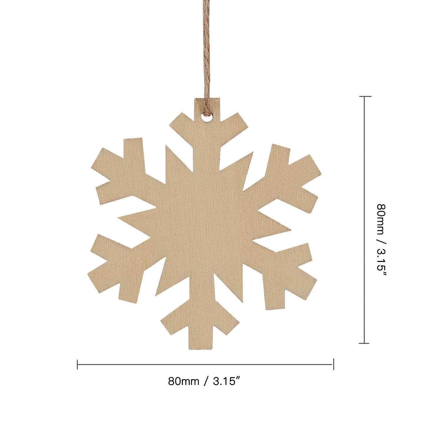 Wooden snowflake ornament with dimensions on a white background