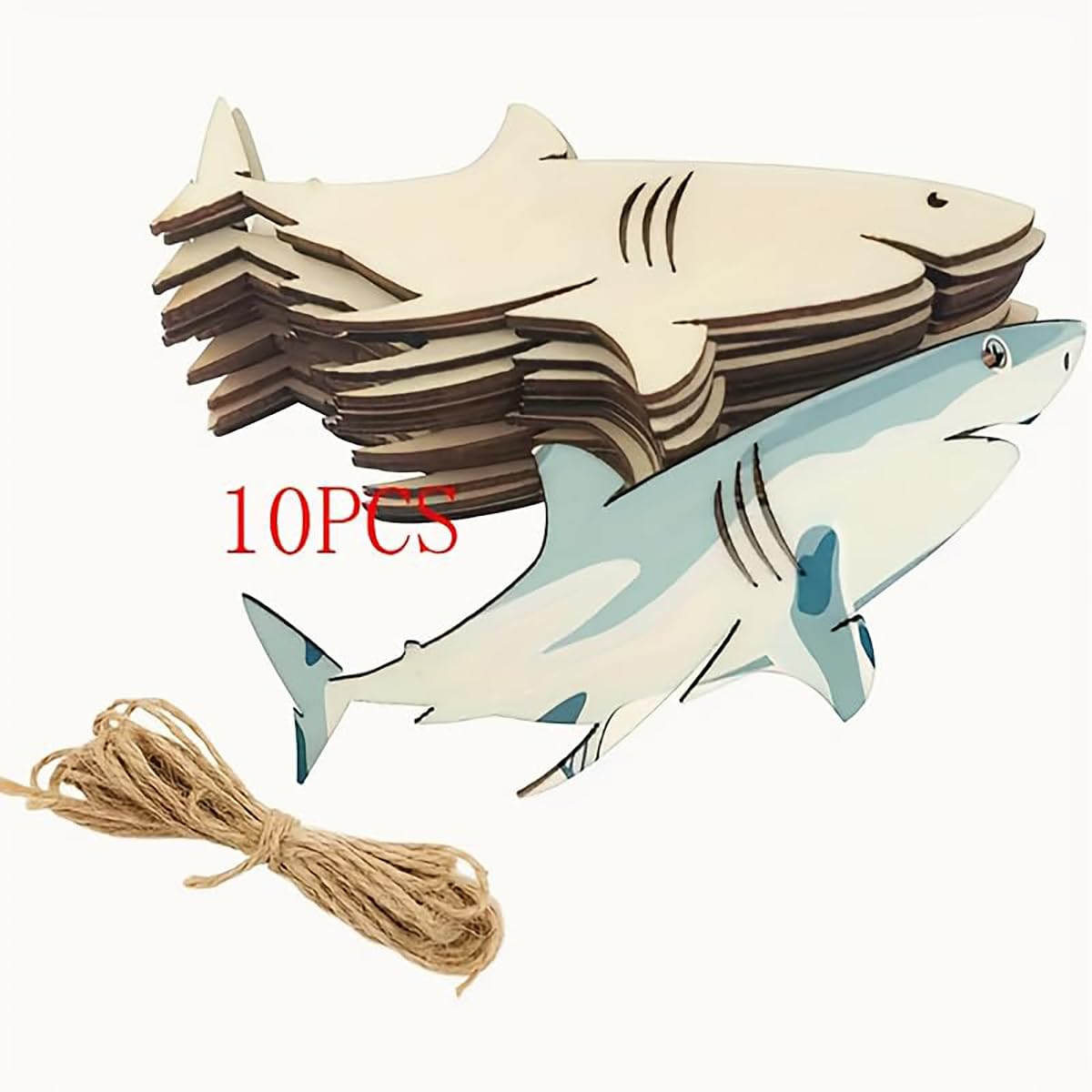 Wooden shark-shaped cutouts with jute string on a white background
