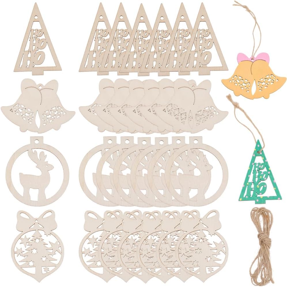 Set of wooden Christmas ornaments including trees, bells, and bows on a white background.