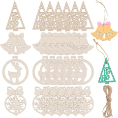 Set of wooden Christmas ornaments including trees, bells, and bows on a white background.