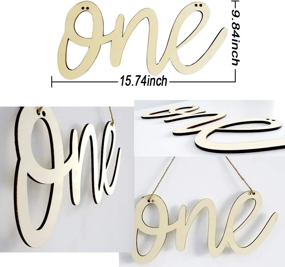 Wooden 'one' sign with measurements on a white background