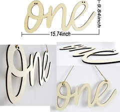 Wooden 'one' sign with measurements on a white background