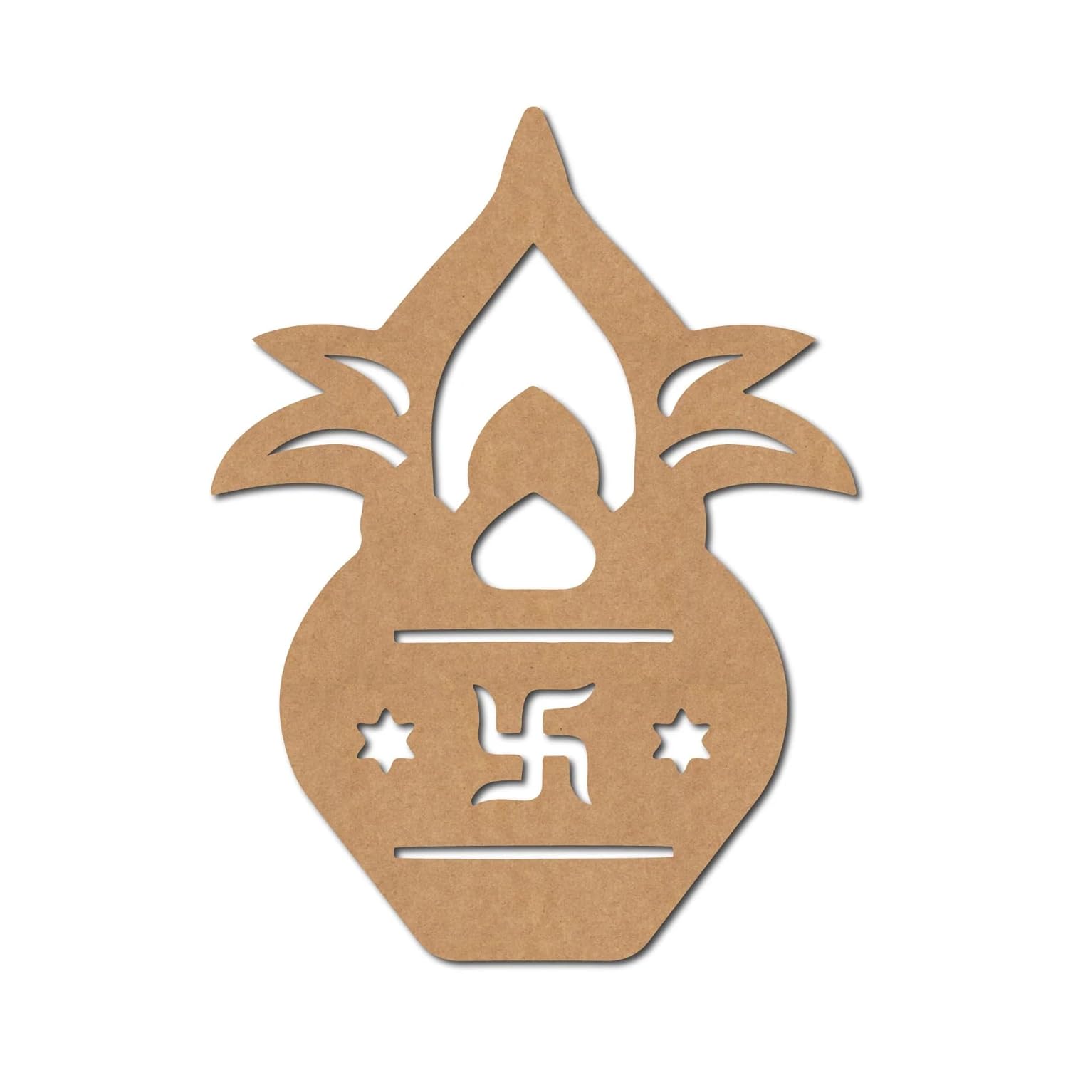 Decorative wooden cutout with a flame design and swastika symbol on a white background