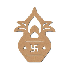 Decorative wooden cutout with a flame design and swastika symbol on a white background