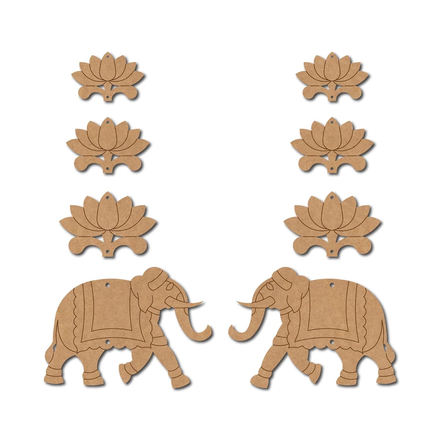 Wooden elephant and lotus decorations on a white background