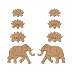 Wooden elephant and lotus decorations on a white background