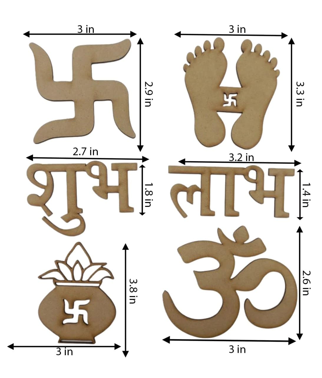 Set of decorative items with measurements on a white background
