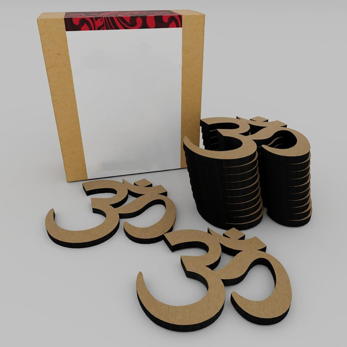 Cardboard 'Om' symbols with a stack and a box on a white background