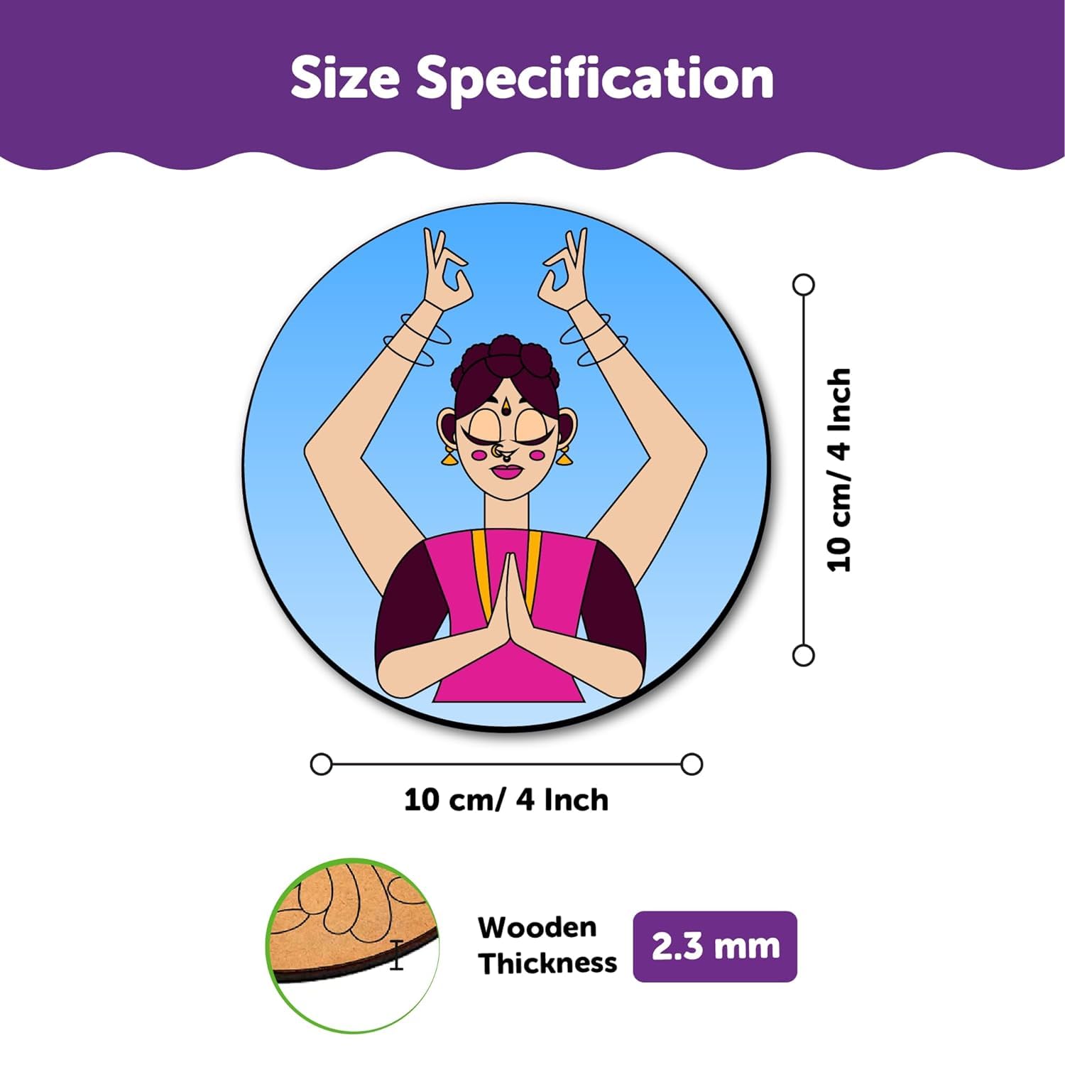 Circular product with cartoon character and size specifications on a white background