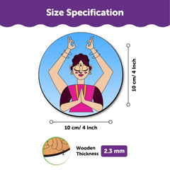 Circular product with cartoon character and size specifications on a white background