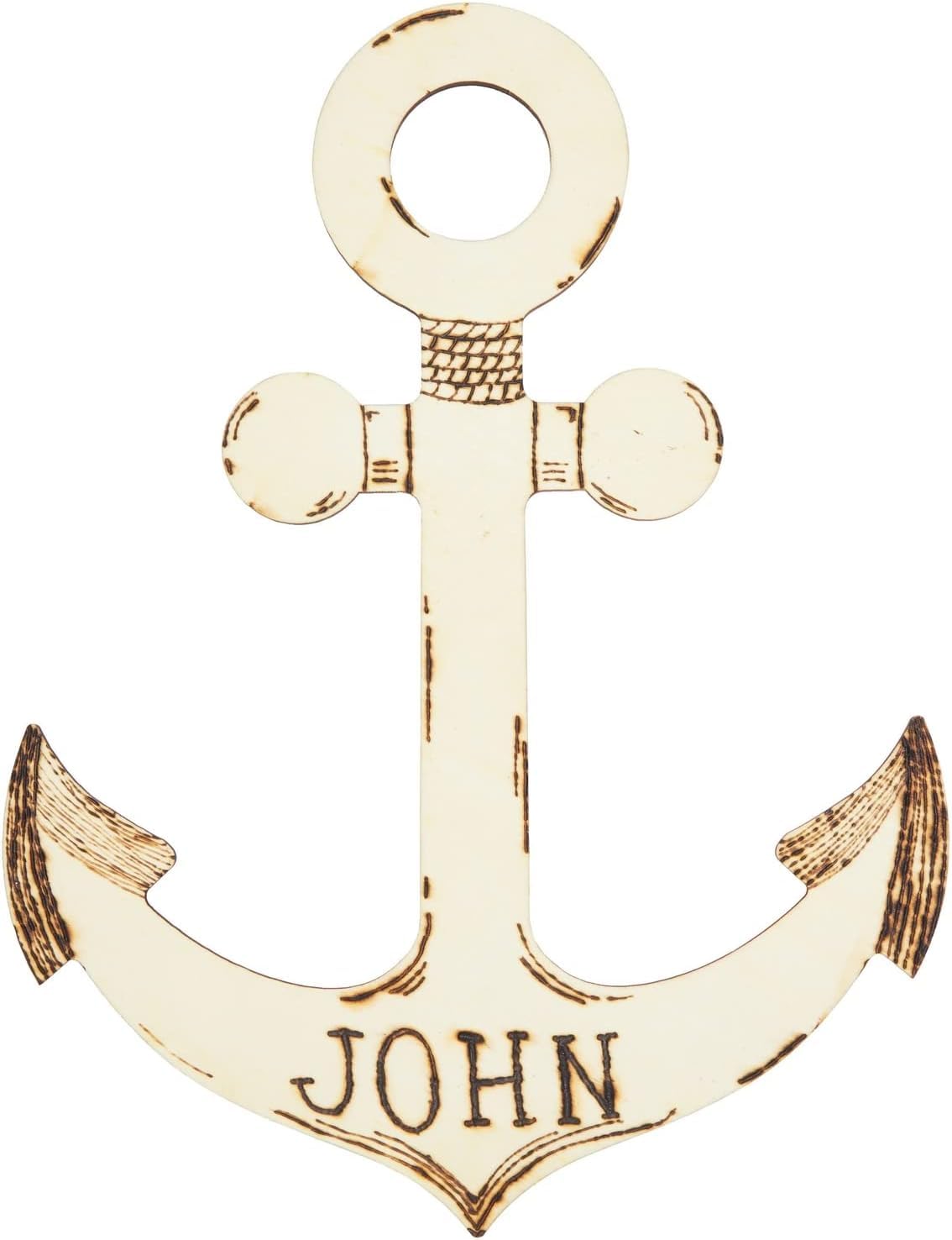 Wooden anchor with 'JOHN' engraved on a white background
