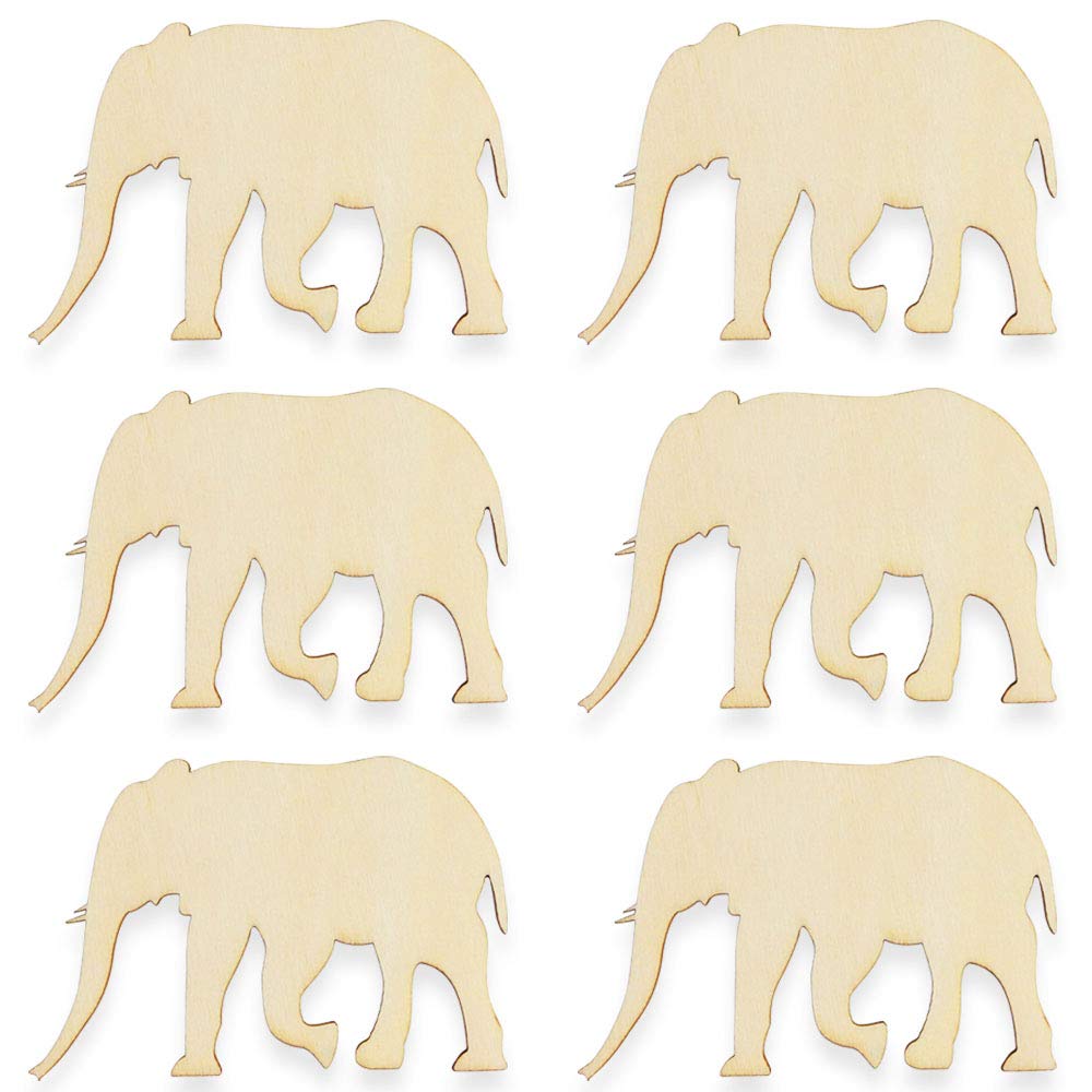 Six wooden elephant cutouts on a white background