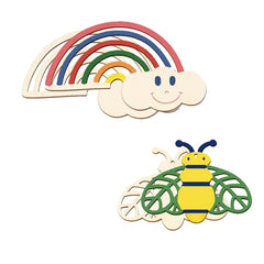 Wooden cutouts of a rainbow, cloud, and bee on a white background