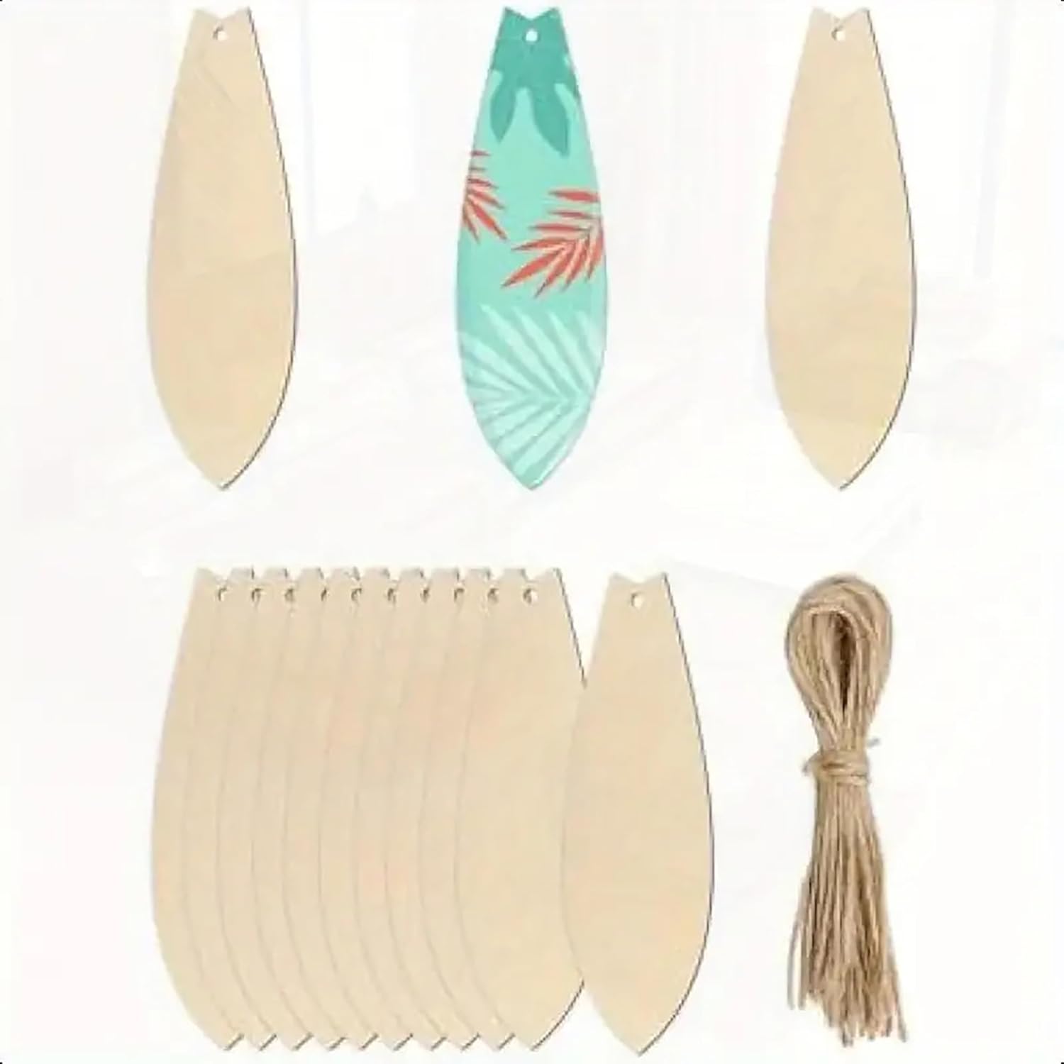Set of wooden fishing lures with a central colorful lure and additional plain ones on a white background.