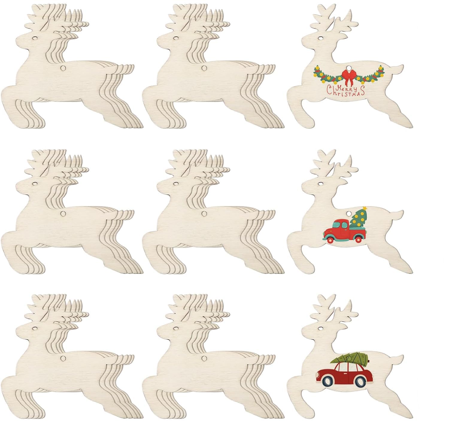 Set of wooden reindeer ornaments with Christmas-themed designs on a white background