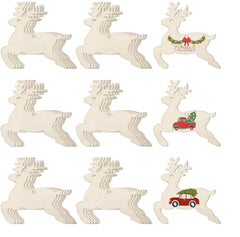 Set of wooden reindeer ornaments with Christmas-themed designs on a white background