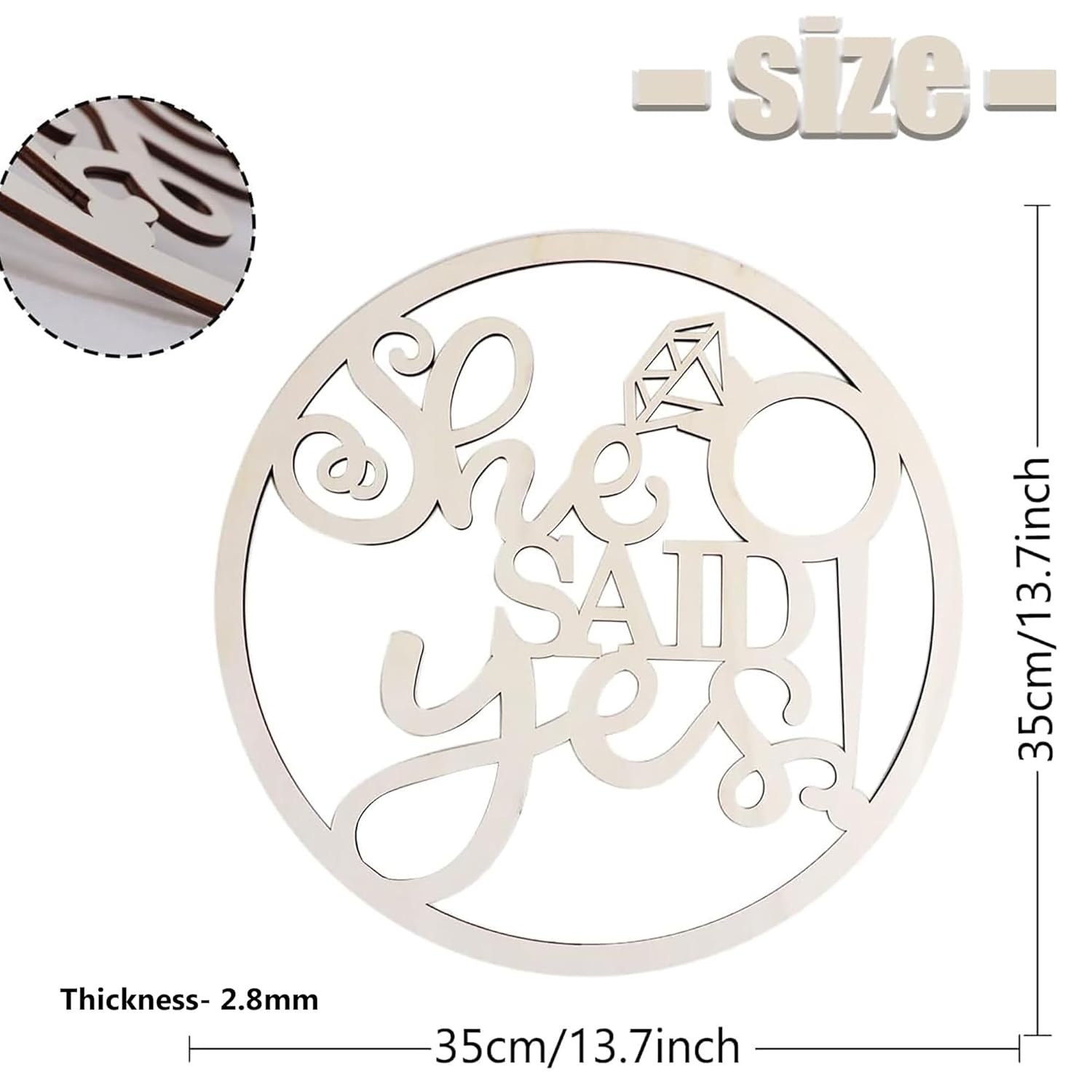 Decorative wooden cutout with 'She Said Yes' text and ring design, showing size and thickness measurements.